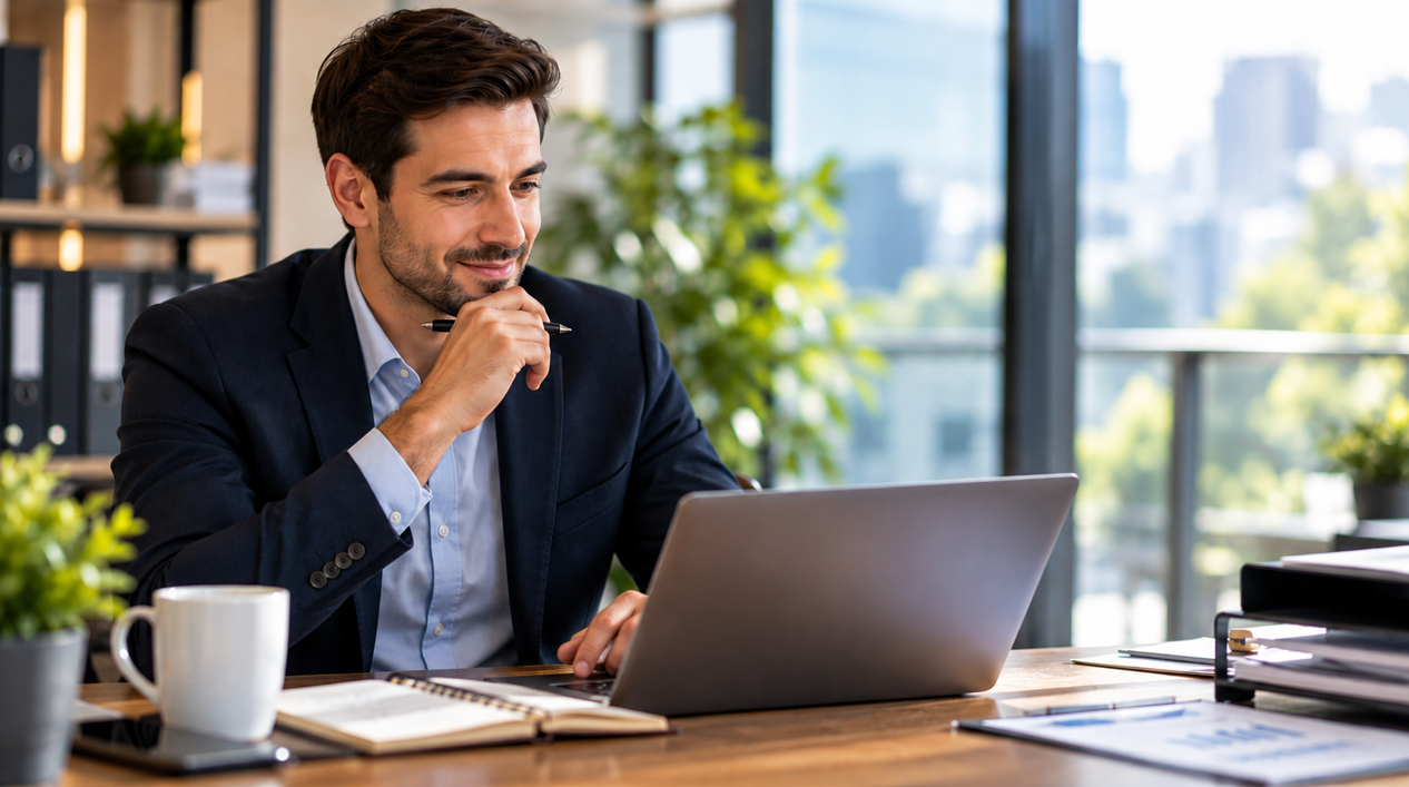 Courtier en assurance travaillant sur son ordinateur pour gagner du temps au quotidien